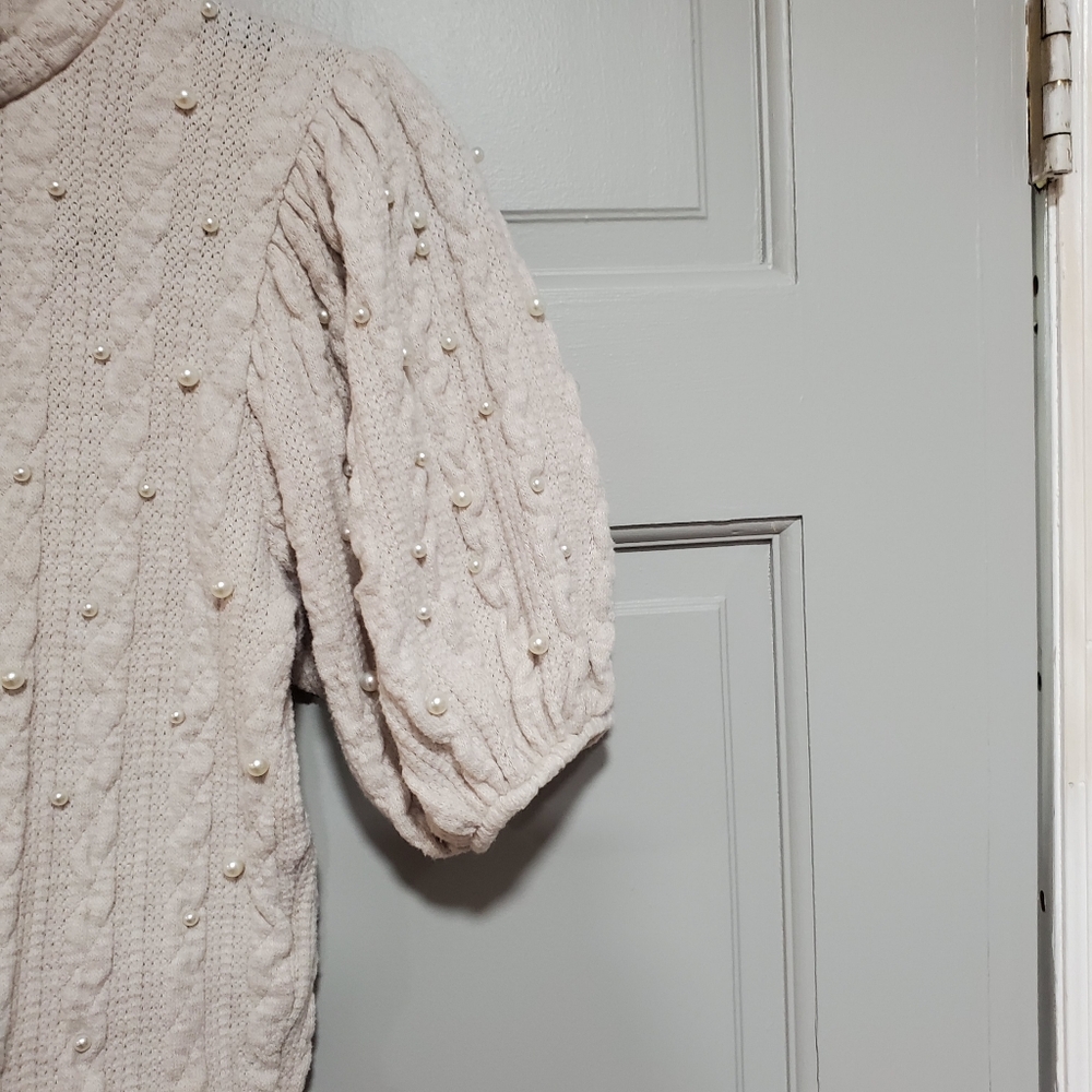 Zara Top women Puff Sleeves Knit Sweater Cream Textured Pearls Medium Preppy - Picture 4 of 8